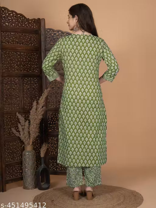 Women Straight Pure Cotton Kurta Sets (Green)(MS)-ATM