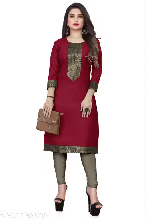 Desigener Kurtis New Collection Plain Cotton Golden Lace Border Pattern Casual Kurta for Girls & Women (MS5)-NFM