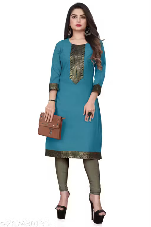 Desigener Kurtis New Collection Plain Cotton Golden Lace Border Pattern Casual Kurta for Girls & Women (MS5)-NFM
