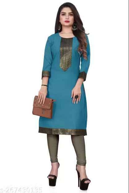 Desigener Kurtis New Collection Plain Cotton Golden Lace Border Pattern Casual Kurta for Girls & Women (MS5)-NFM