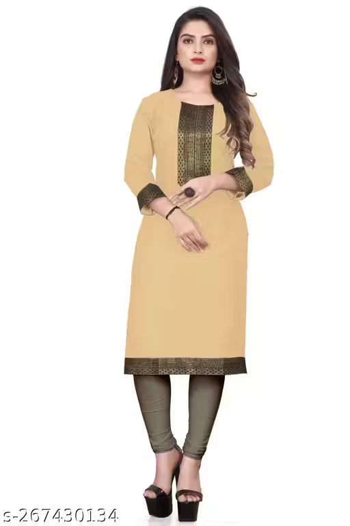 Desigener Kurtis New Collection Plain Cotton Golden Lace Border Pattern Casual Kurta for Girls & Women (MS5)-NFM