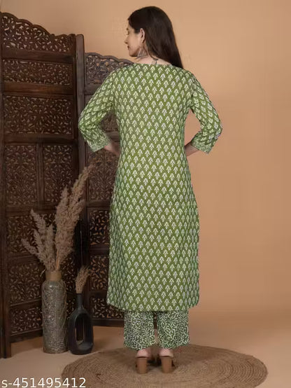 Women Straight Pure Cotton Kurta Sets (Green)(MS)-ATM