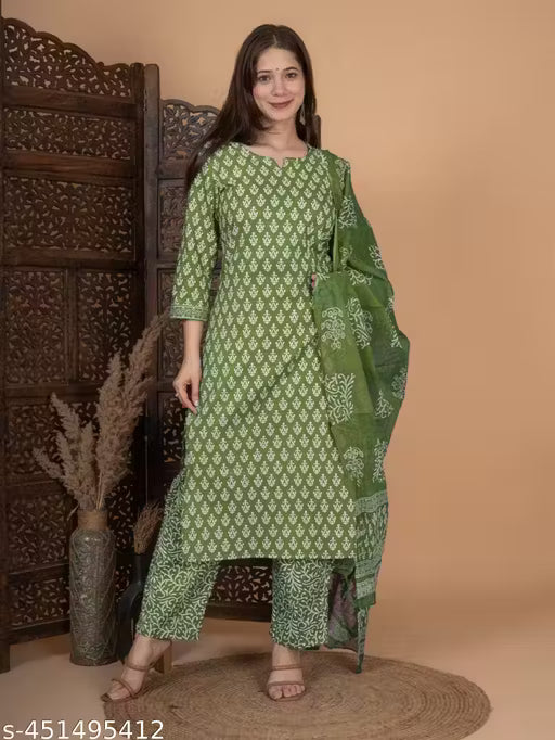 Women Straight Pure Cotton Kurta Sets (Green)(MS)-ATM