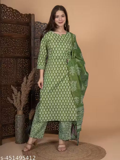 Women Straight Pure Cotton Kurta Sets (Green)(MS)-ATM