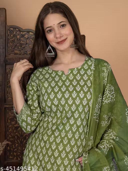 Women Straight Pure Cotton Kurta Sets (Green)(MS)-ATM