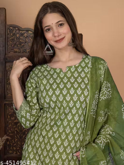 Women Straight Pure Cotton Kurta Sets (Green)(MS)-ATM