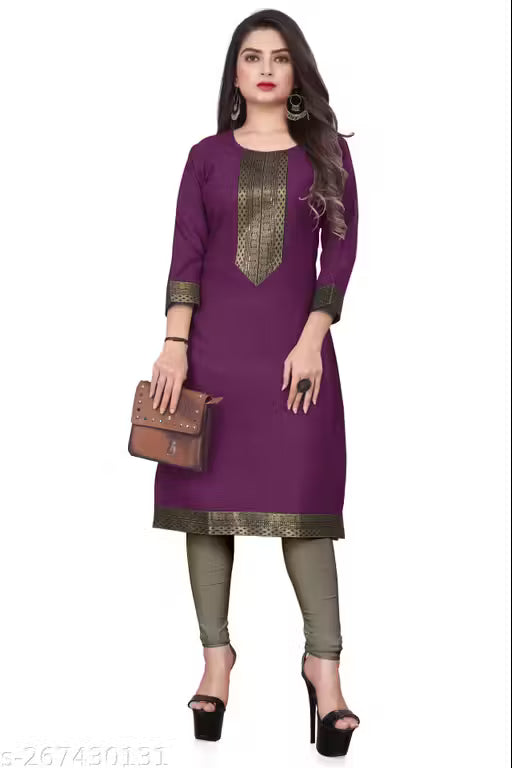 Desigener Kurtis New Collection Plain Cotton Golden Lace Border Pattern Casual Kurta for Girls & Women (MS5)-NFM