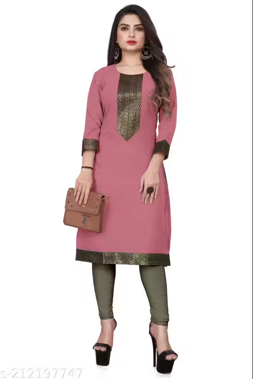 Desigener Kurtis New Collection Plain Cotton Golden Lace Border Pattern Casual Kurta for Girls & Women (MS5)-NFM