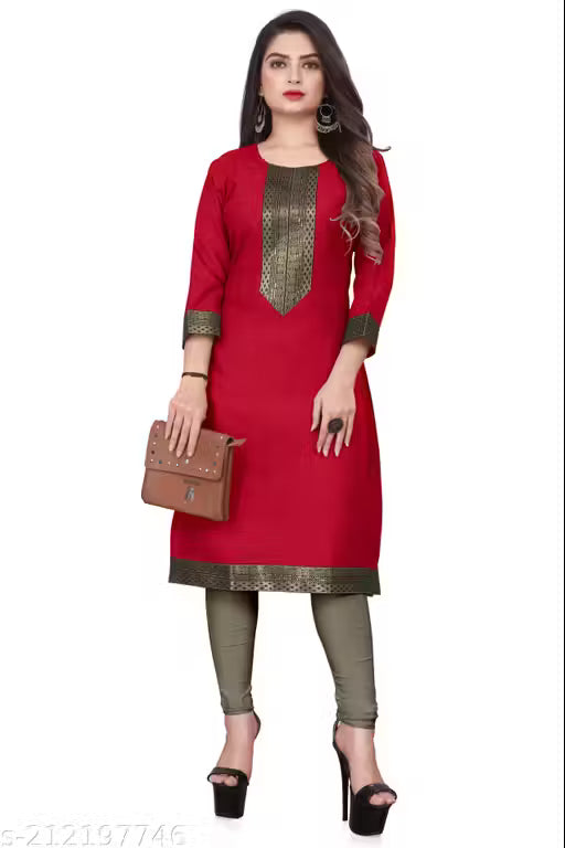 Desigener Kurtis New Collection Plain Cotton Golden Lace Border Pattern Casual Kurta for Girls & Women (MS5)-NFM