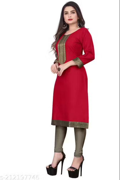 Desigener Kurtis New Collection Plain Cotton Golden Lace Border Pattern Casual Kurta for Girls & Women (MS5)-NFM