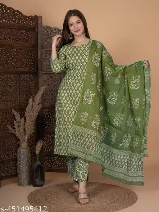 Women Straight Pure Cotton Kurta Sets (Green)(MS)-ATM